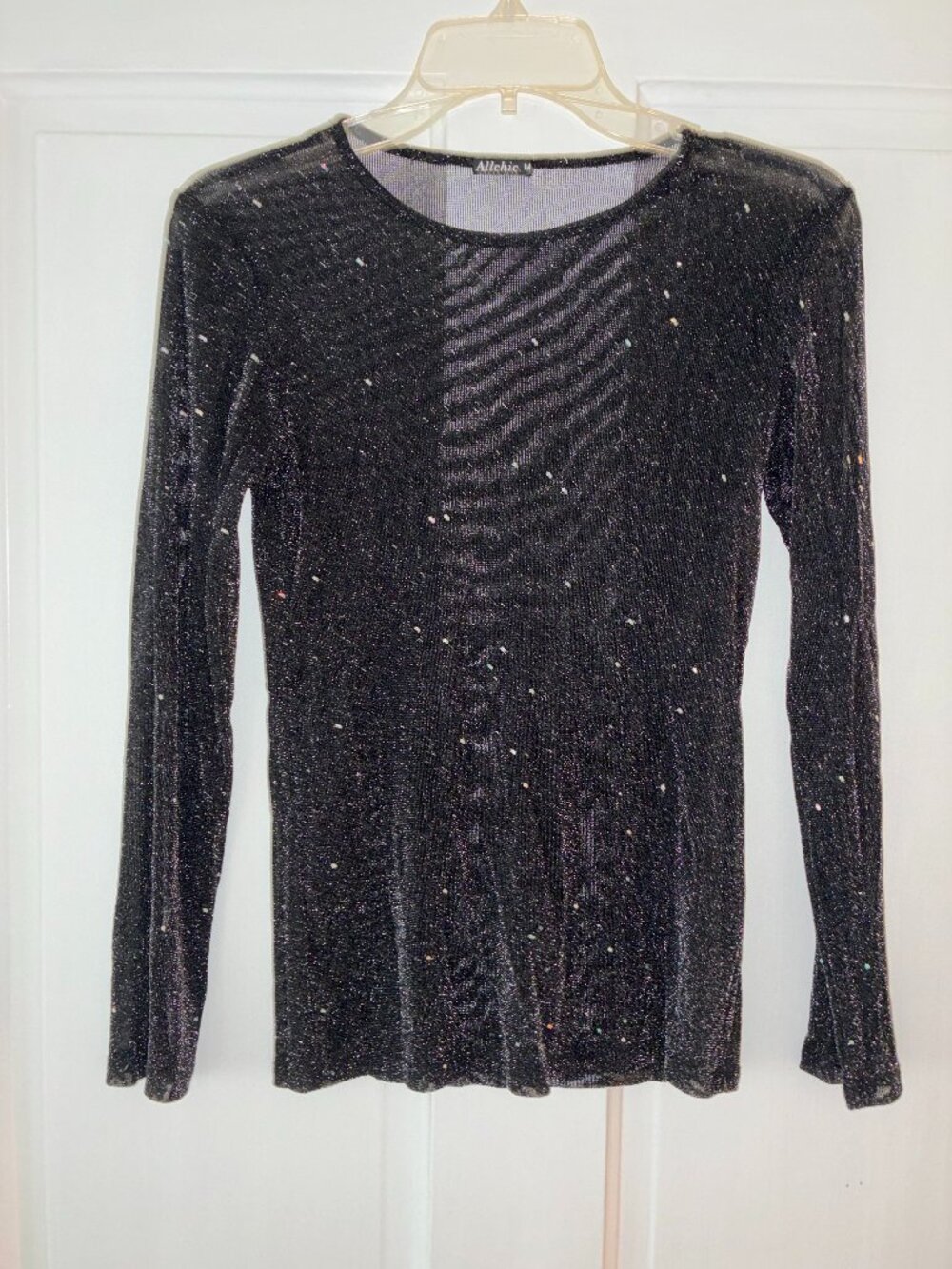 Allchic Black Metallic Sparkle Sheer Long Sleeve Top M
